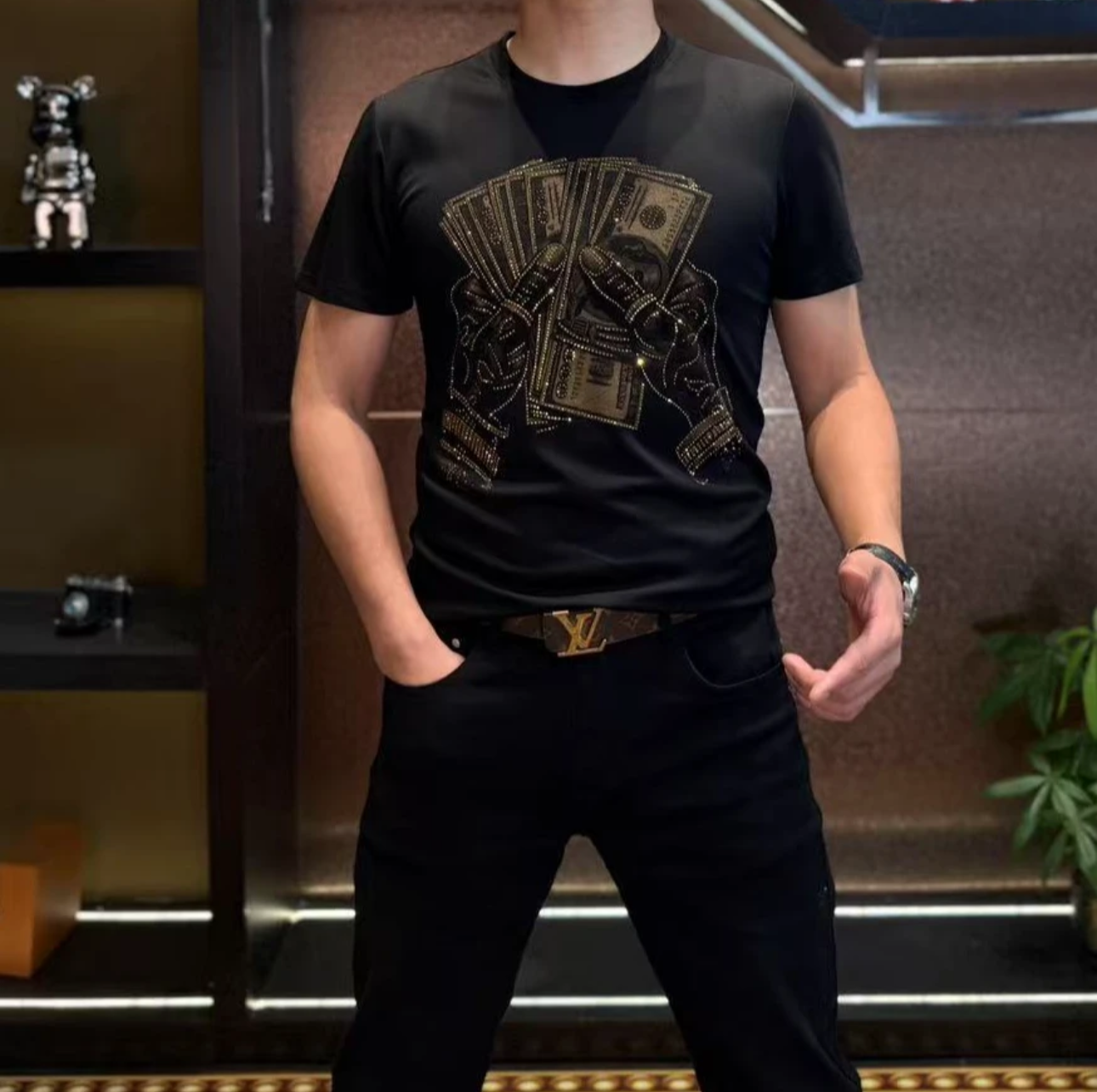 Men's rhinestone black and gold dollar short-sleeved T-shirt