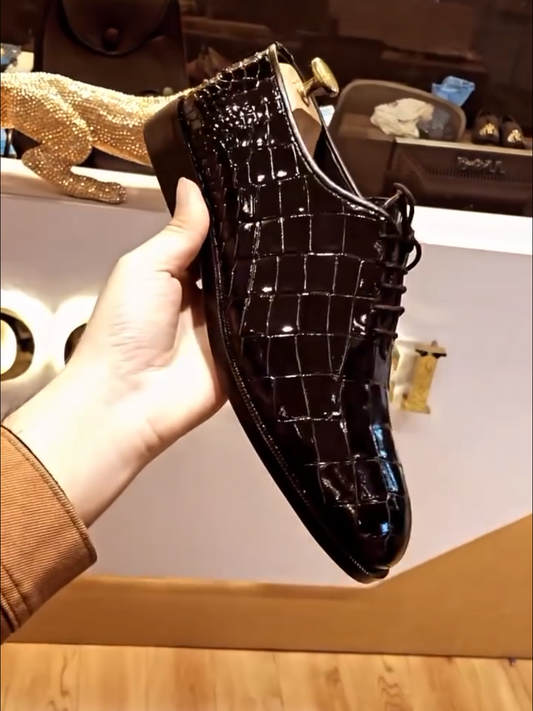 Light luxury natural crocodile patent leather shoes