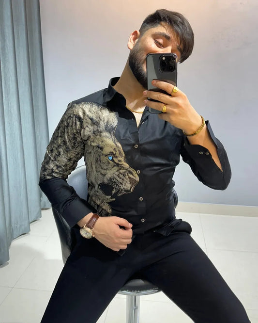 Light luxury rhinestone domineering lion shirt